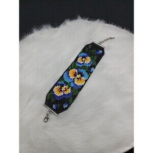 Handmade Beaded Cuff Bracelet Pansy Floral Design